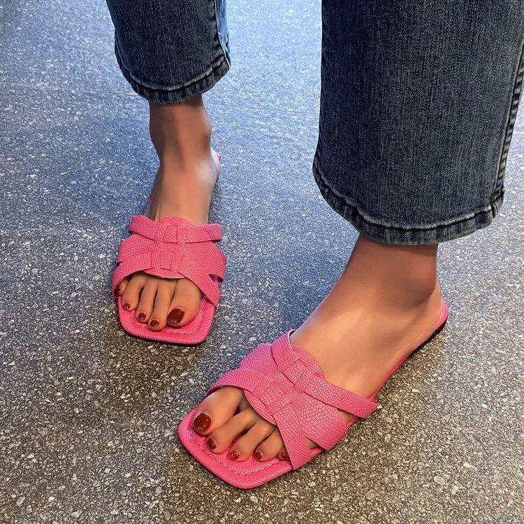 New Colored Flat-bottomed Slippers for Women, European and American Foreign Trade Square Head Breathable One-pedal Home Slippers for Women