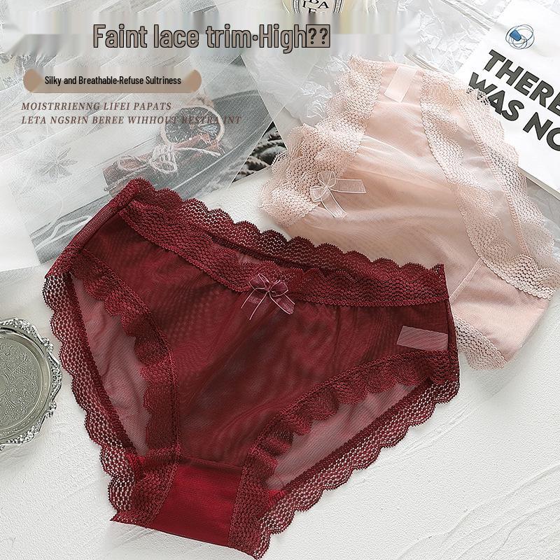 Women's Seamless Mesh Panties with Lace Edge and Bowknot