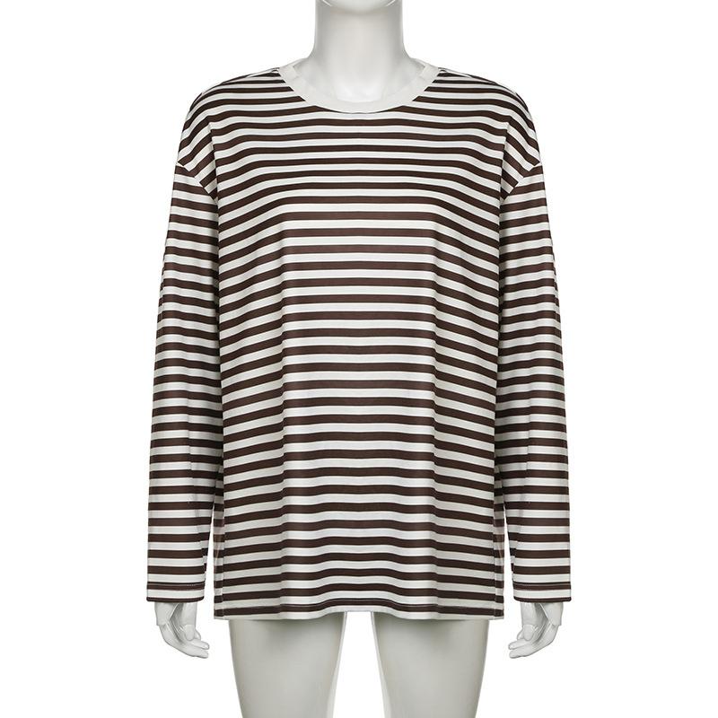 Striped T-shirt Women's Loose Round Neck Long Sleeved Top Retro Contrasting Color Basic Style Thin Commuting 2025 Spring/Summer