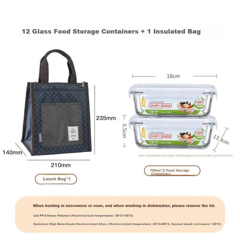LOCK&LOCK Glass Food Storage Containers Set, Sealed Lunch Boxes, Bento Boxes, Refrigerator Storage Containers, Fruit Boxes, 750ml*2 with Bag