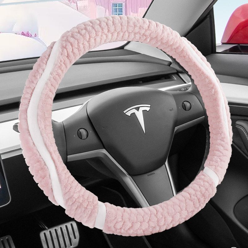 

Tesla Model Y Model 3 Special Pure Electric Car Steering Wheel Cover, Plush, Winter Warm and Anti-Slip Tesla Exclusive - Rabbit Fur Style - Sakura Pink
