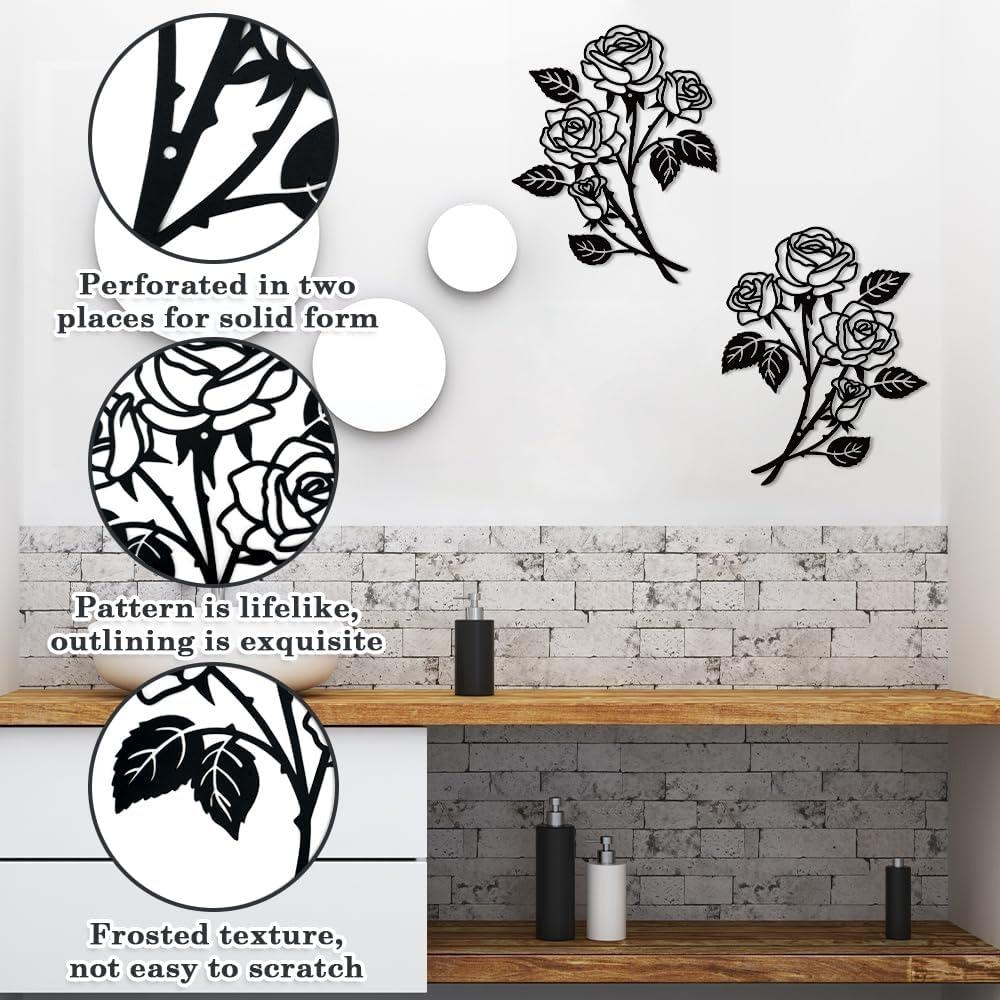 SITAKEGS 2pcs Metal Rose Wall Decor 11.8x9.4in Black Flower Sculpture Floral Art Hanging Ornament for Living Room Bathroom Bedroom Kitchen Garden