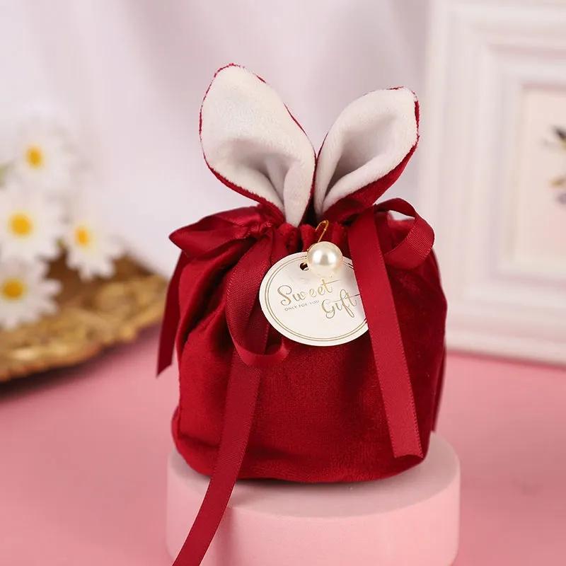 2 Pcs/lot Rabbit Ears Wedding Candy Brocade Packaging Bag Cute Style Drawstring Candy Bag Pure Color Wedding Candy Bag About 11x13cm&Other