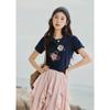 Women's 3D Floral Beaded Cotton Blend Short Sleeve T-Shirt