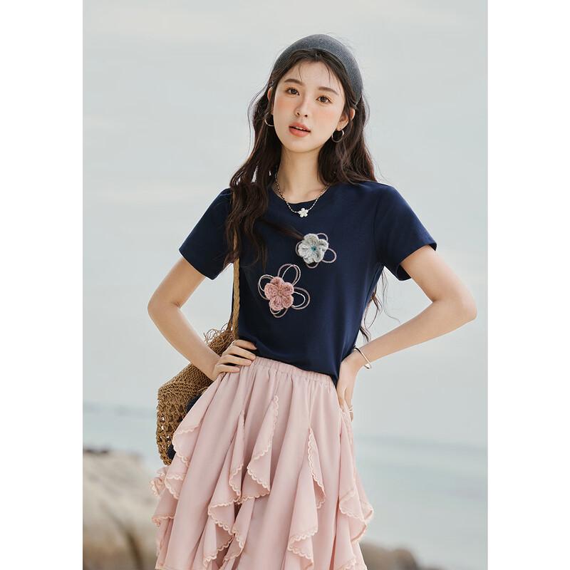 Women s 3D Floral Beaded Cotton Blend Short Sleeve T-Shirt M