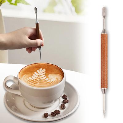 Kaffedekoration i rostfritt stål Konstpenna Trähandtag Latte Pull Blommanål Baristaverktyg Kaffetillbehör Modelleringsverktyg