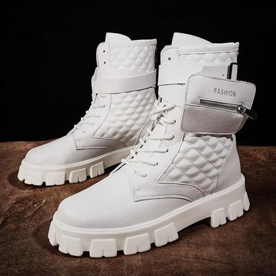 Heren Trendy Witte High-Top Retro Martin Boots - Europese Herfstmode Motorstijl met Zakken