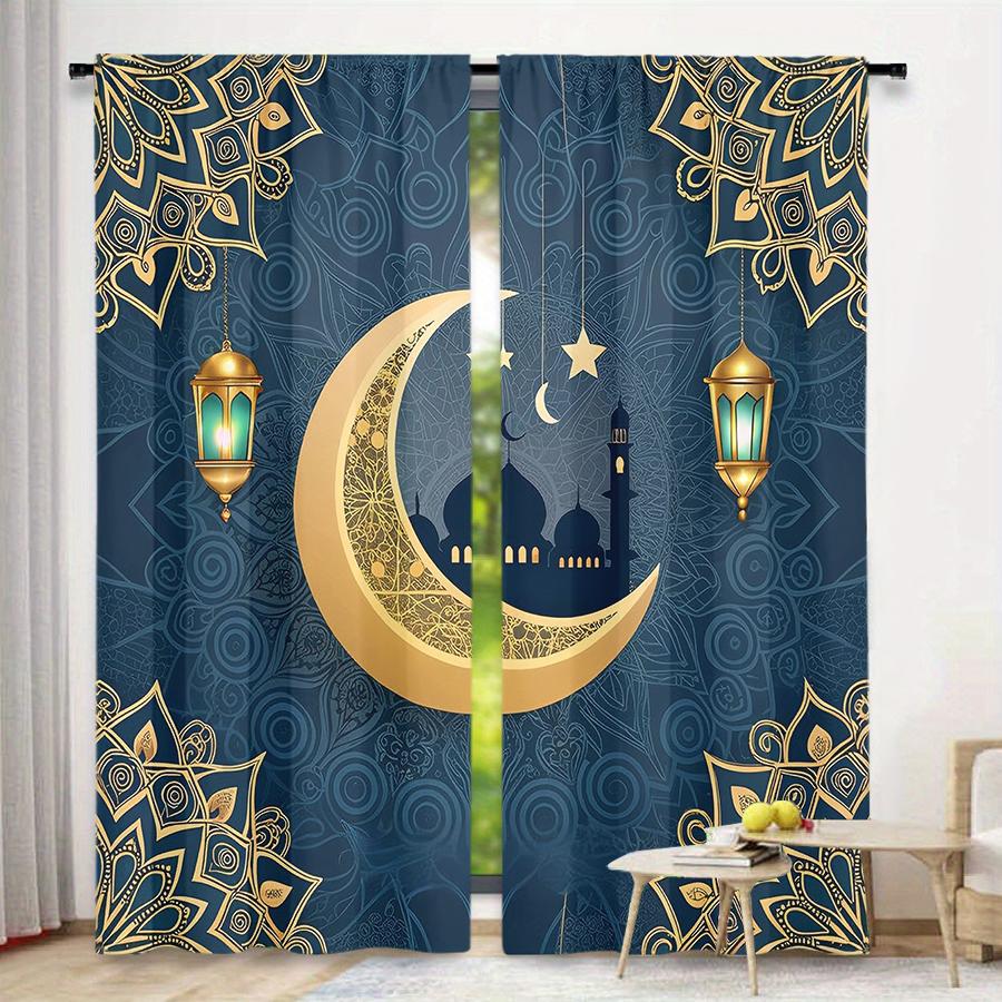 2 Pack Navy Blue and Gold Mandala Crescent Curtains, Flat Print, Ramadan Eid Window Decor, Living Room Bedroom Decor