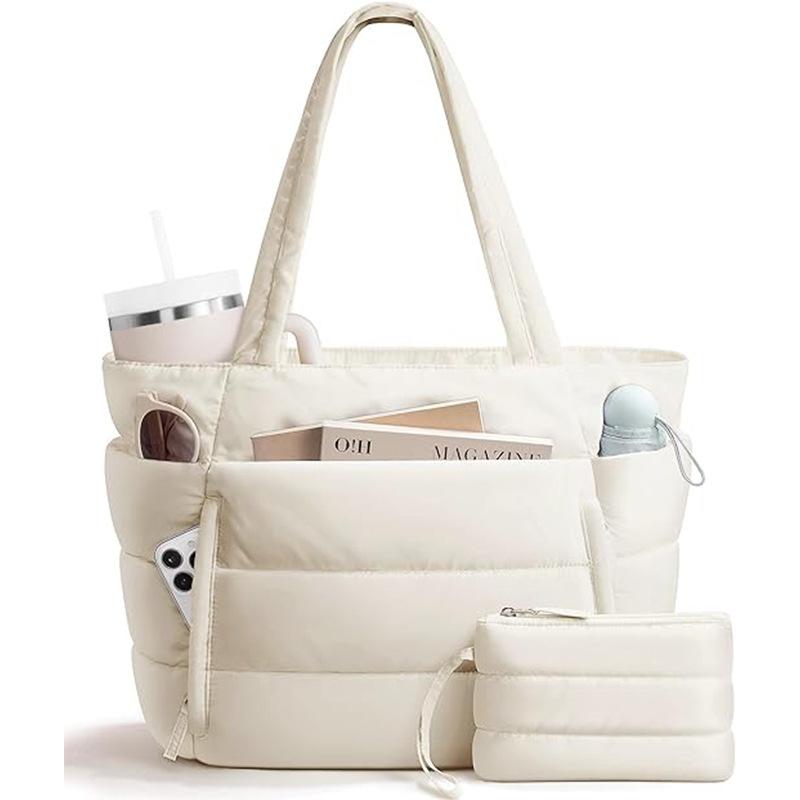 Quilted Shoulder Bag With Matching Purse,Women Multi-Compartment Large Tote Bag Set,Weekender Overnight Travel Work Handbag
