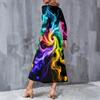 Women Plus Size V Neck Long Sleeve Colorful Printed Pockets A Line Midi Dress