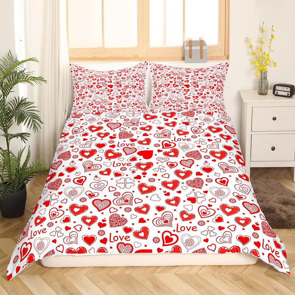 Red Love Heart Duvet Cover For Couples,Bow Romantic Bedding Set Valentines Day Loving Hearts Quilt Cover Wedding Comforter Cover