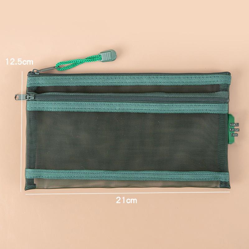 Korean Double-Layer Zipper Mesh Pen and Stationery Case with Card Holder A6