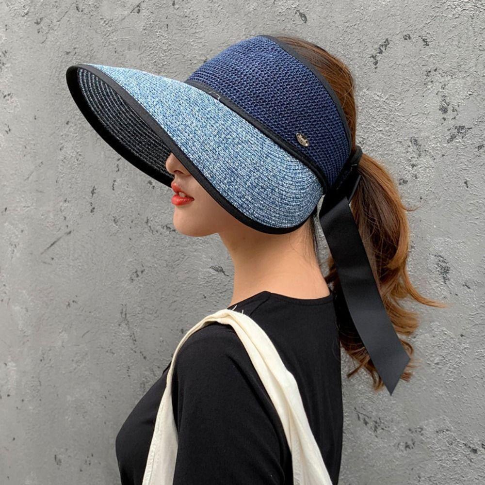 

Anti-ultraviolet Bow Summer Foldable Large Brim Sunscreen Hat Straw Hat Women Sun Hat Empty Top Cap