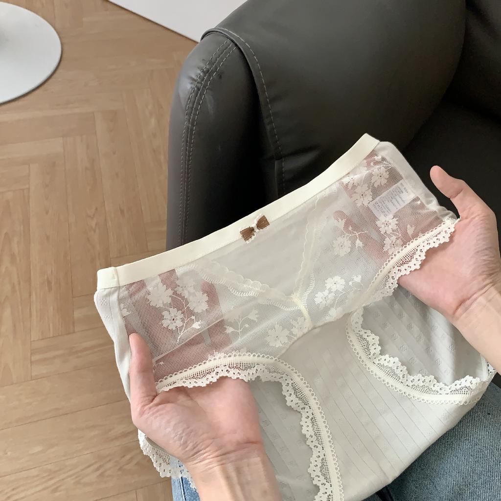 Women's Spring Summer Lace Mesh 10A Antibacterial Extended Crotch Mid Waist Panties