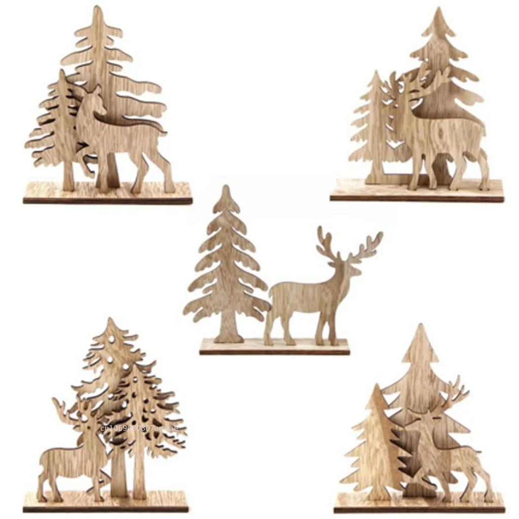 Christmas Decoration Wood Slices with Stand Christmas Wooden Tree/Elk Deer Crafts for DIY Christmas Ornaments Kids Gifts