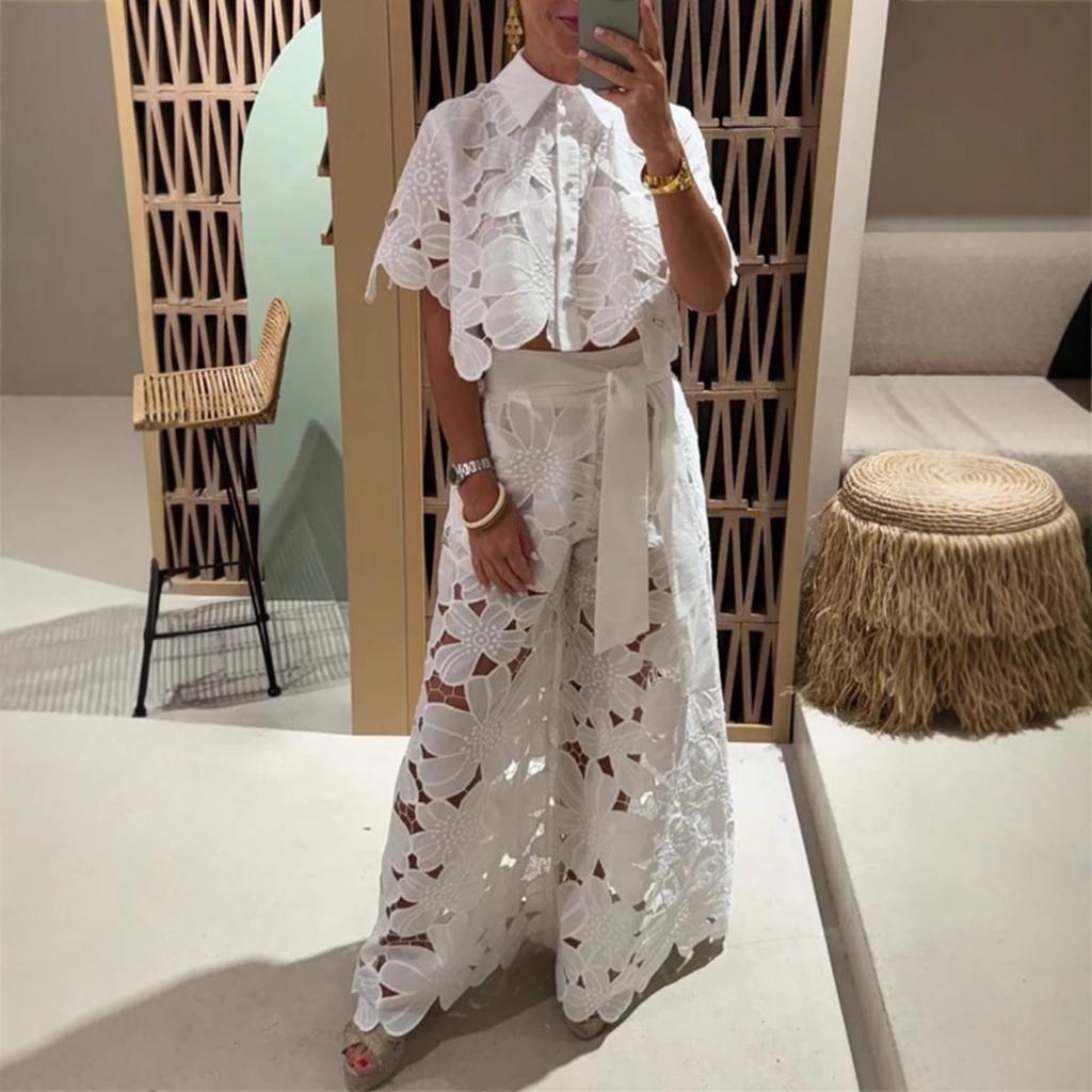 2025 Summer New European and American Solid Color Sexy Hollow Cardigan Top Wide Leg Pants Two-piece Set Women