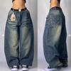 Jeans de Pierna Ancha Hip Hop Y2K para Hombre y Mujer con Bolsillos Estampados Audaces Pantalones de Mezclilla Elásticos de Tiro Medio