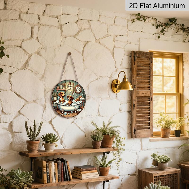 2D Flat 1pc, Bathing Dog Theme Design, Flat Printed Aluminum Metal Signs, Circular Iron Hanging Picture, 8x8 Inch Wall Decoration, Bar, Cafe, Club