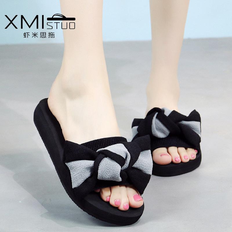 

Нескользящие однотонные тапочки для женщин, летние сандалии ручной работы, повседневная пляжная обувь на плоской подошве, корейская версия с бантом 34