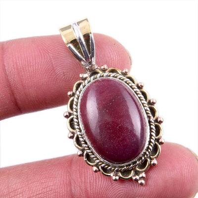 Natural Mookaite Gemstone 925 Solid Sterling Silver Two Tone Pendant 1.5" T3L44