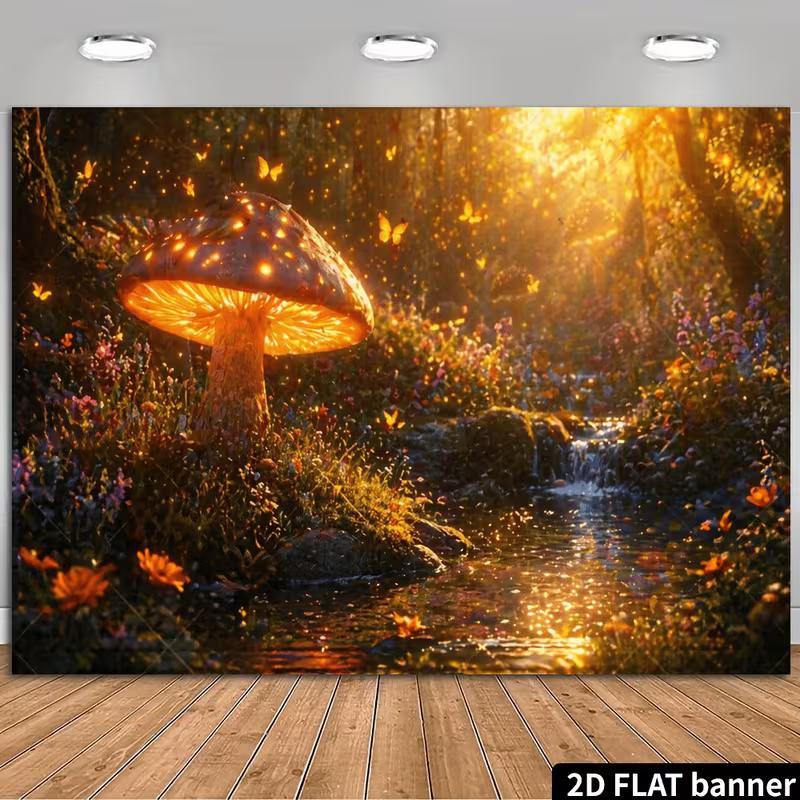 2D Enchanted Mushroom Forest Party Backdrop, Fantasy Fairy Tale Background Decoration 47.2x31.5inch/120*80cm