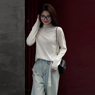 Nouveau pull d'automne pour femme en laine peignée 0 pull en laine à fil semi-col roulé pull à manches longues en maille fine pour femme