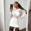 European & American Women's Asymmetrical Mesh Patchwork Long Sleeve Bodycon Dress