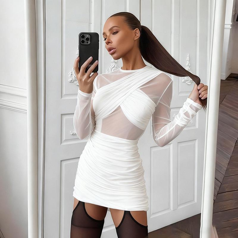 European & American Women's Asymmetrical Mesh Patchwork Long Sleeve Bodycon Dress