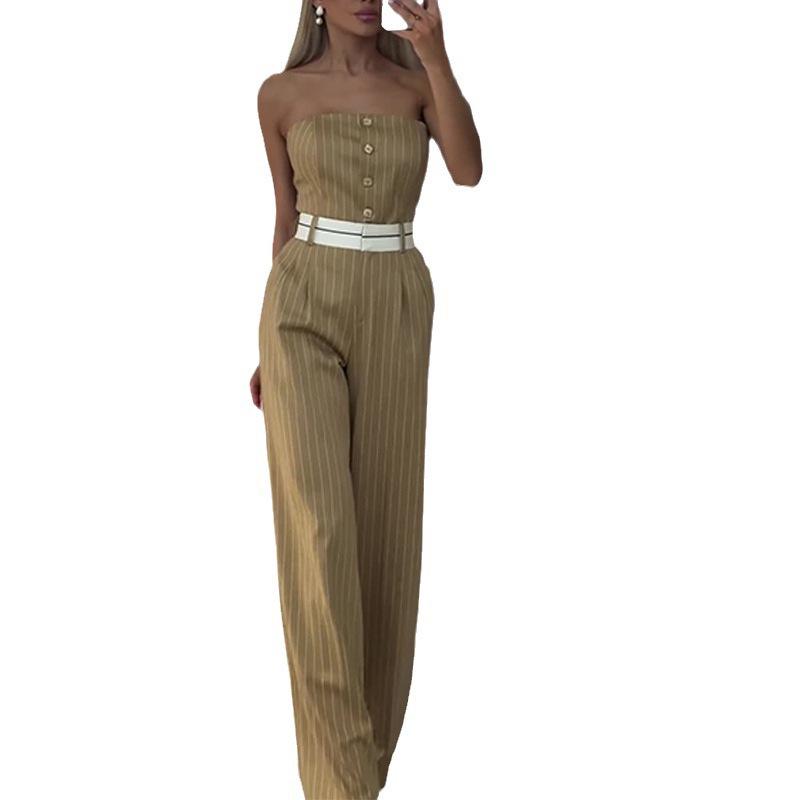 2024 Women's Summer One-Shoulder Striped Jumpsuit with High-Waisted Wide-Leg Pants