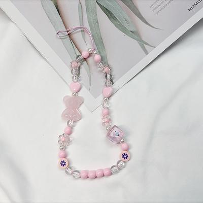 Cute Bear Bow Mobile Phone Rope Keychain Lanyard Mobile Phone Beaded Chain Bracelet Anti-Fall Acrylic Color Chain  Cute