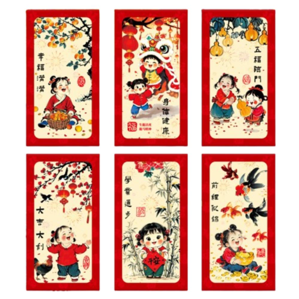 6pcs Oil Painting Style Chinese New Year Red Envelopes Traditional Red Pocket  Lunar New Year Gifts
