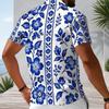Men Plus Size Short Sleeve Quarter Zip Collared Polo Shirt White With Blue Floral Printed