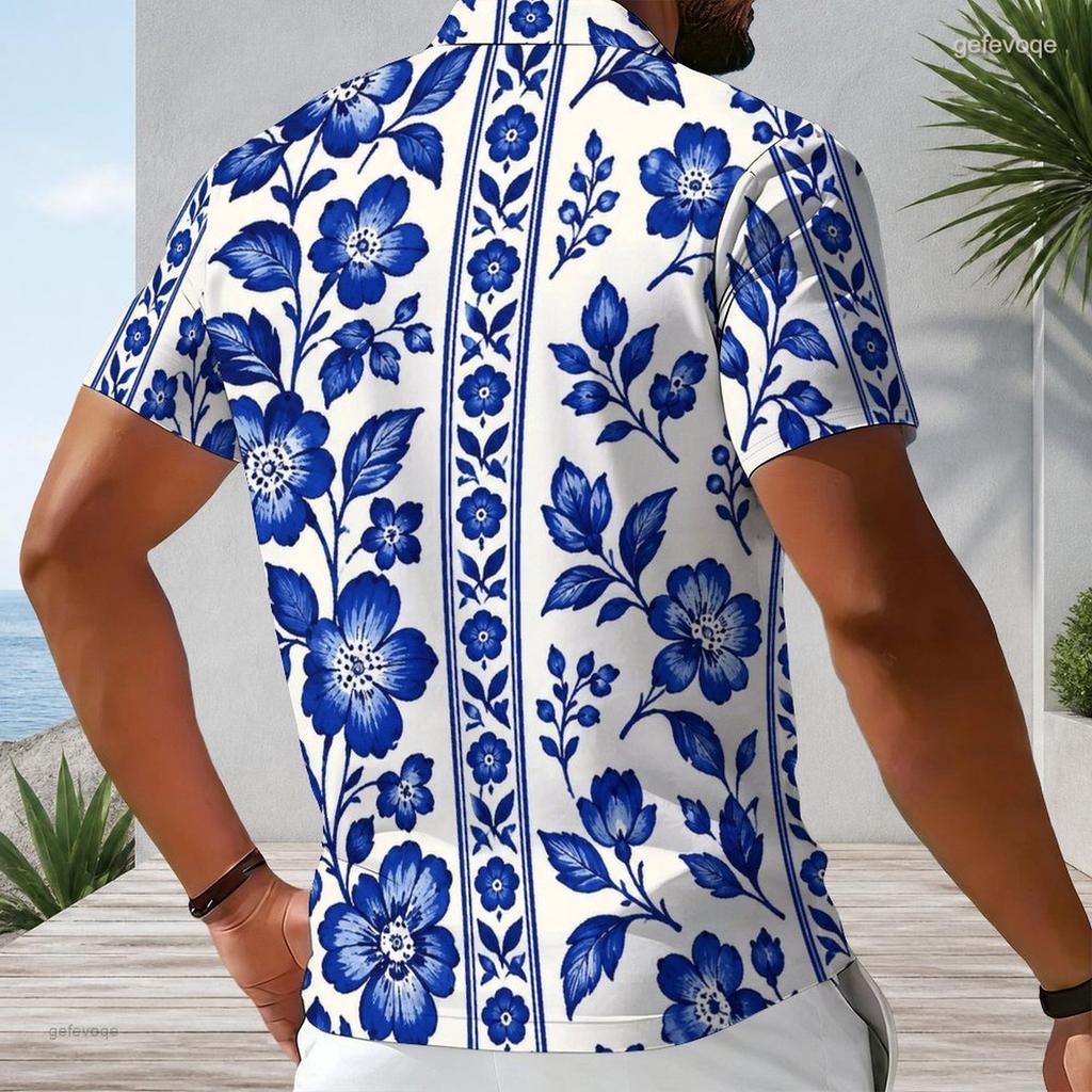 Men Plus Size Short Sleeve Quarter Zip Collared Polo Shirt White With Blue Floral Printed