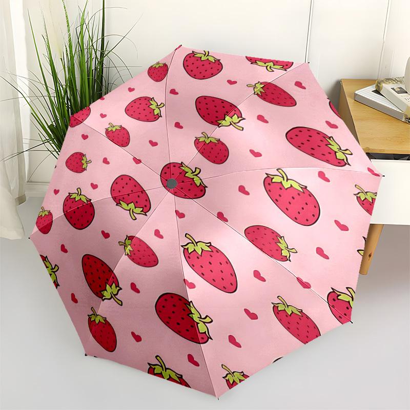 1pc Strawberry Pattern Automatic Open/Close Umbrella, Portable Folding Umbrella for Travel, Themed Events089