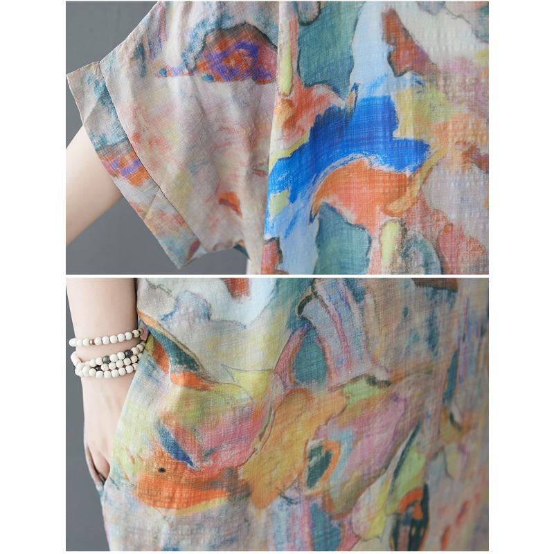 Dimanaf 2025 Dámské letní šaty Plus Size Basic Dlouhé šaty Vintage Tisk Bavlna Len Neformální Volné