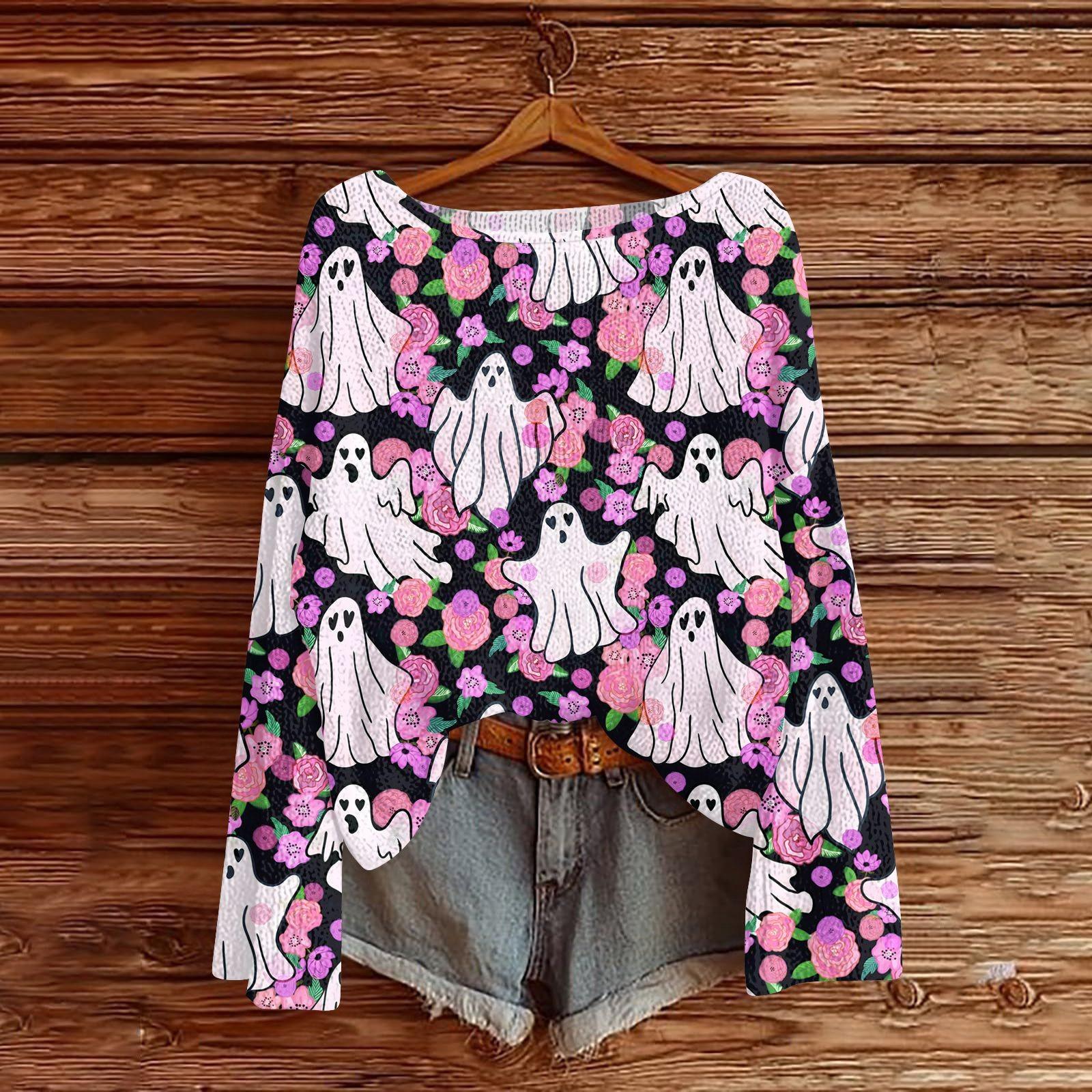 

Свитшоты на Хэллоуин для женщин, вязаный свитер, милая рубашка, осенний свитер с круглым вырезом, топы XL розовый