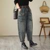 Poches tridimensionnelles Amples et fins Pantalons Harem en Denim Rétro pour Femmes Mode Printemps et Automne Décontractés Taille Élastique Pantalons Style Utility
