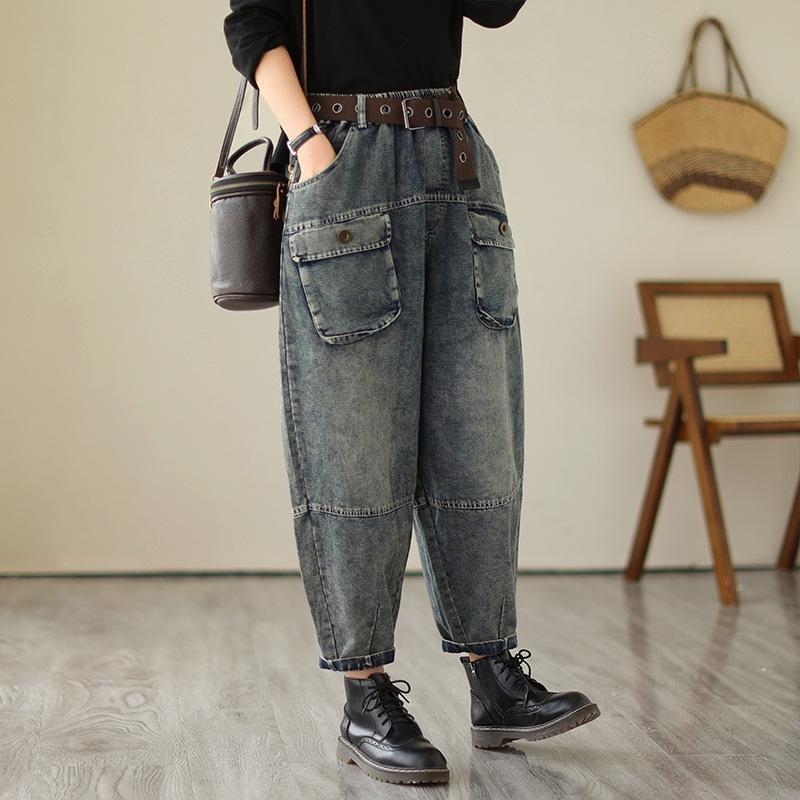 Poches tridimensionnelles Amples et fins Pantalons Harem en Denim Rétro pour Femmes Mode Printemps et Automne Décontractés Taille Élastique Pantalons Style Utility