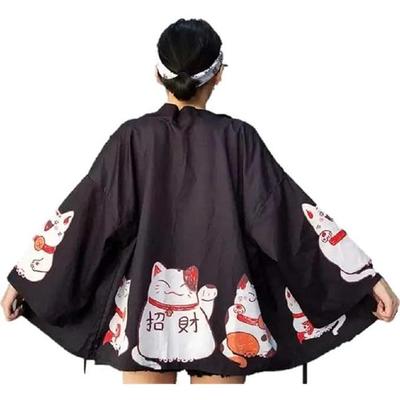Happi Coat Good Lucky Cat Summer Japanese Style Black with Cat Free Size 032 [Koshinrakudo] - Fortune, Design, Festival, Oversized, Coat, Print,
