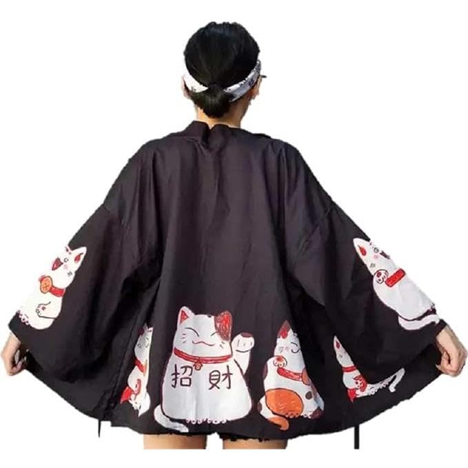 Хаппи Коат Хороший Счастливый Кот Летний Японский Стиль Черный с Котом Один Размер 032 [Koshinrakudo] - Удача, Дизайн, Фестиваль, Оверсайз, Пальто, Принт, чёрный