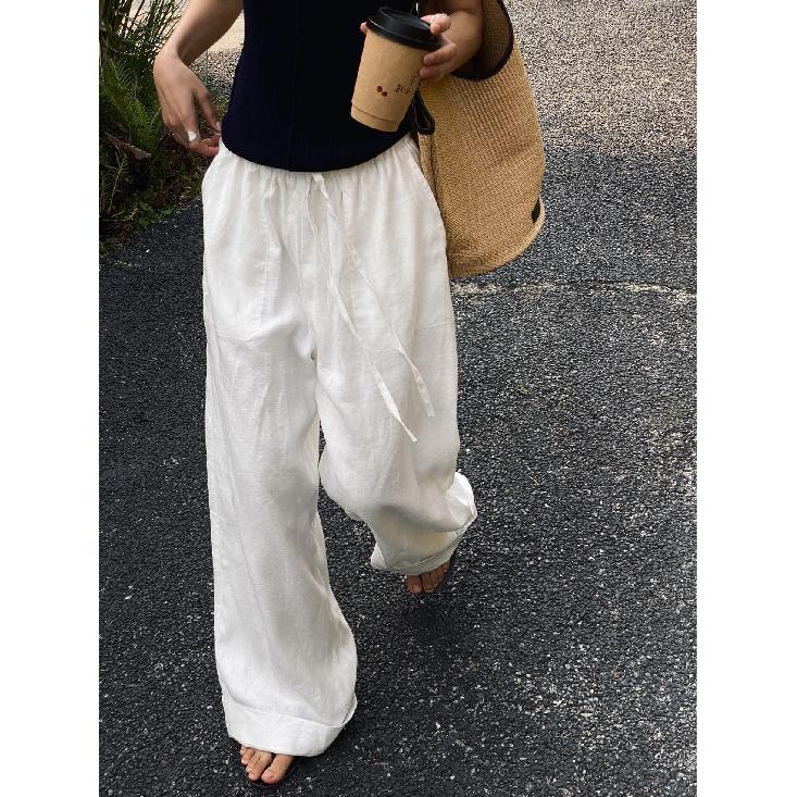 

White cotton-linen wide-leg pants for women, 2026 spring-summer casual high-waisted drapey relaxed trousers XL білий