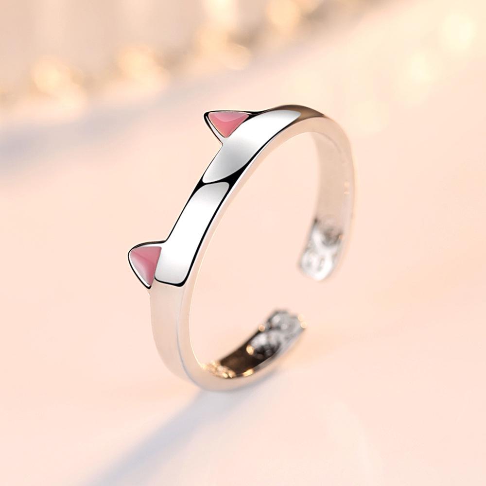 Adjustable Silver Cat Ring for Women - Cute Korean Style with Cat Ears and Paws Design