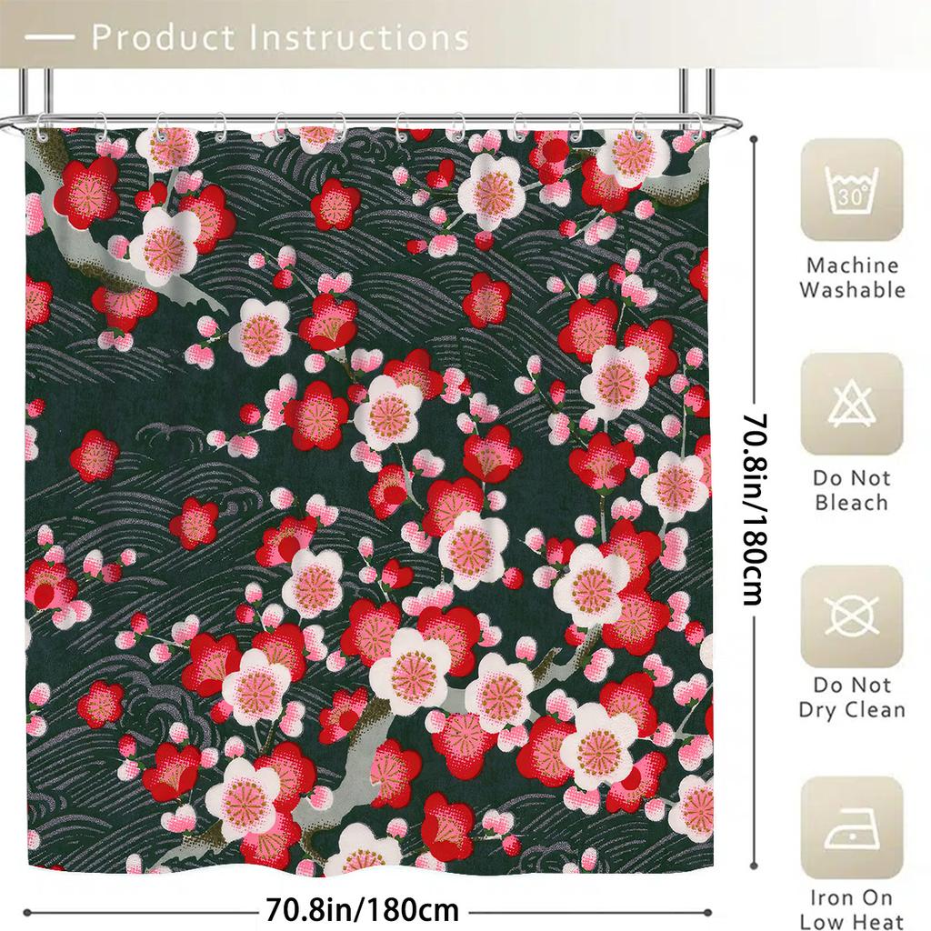 4pcs Plum Blossom Shower Curtain Set, Washable Polyester Bathroom Decor, Non-Slip Bath Mat, Toilet Lid Cover & U-Shaped Rug