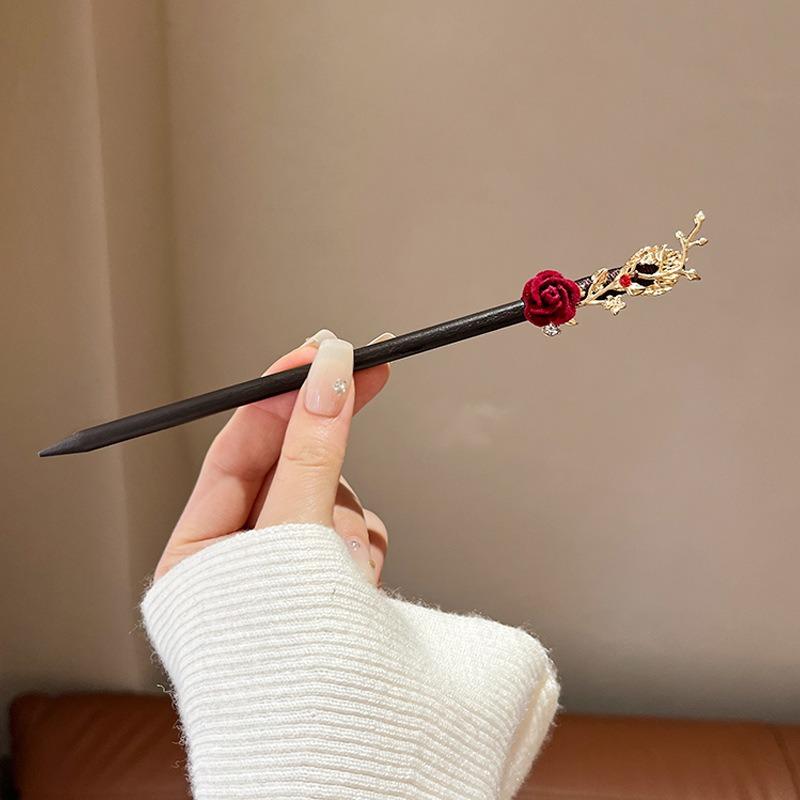 

Retro Chinese Niche Design Lady and Children Wooden Hairpin Headband Handmade Multi-purpose Red Rose Fashionable Tassel Hairpin