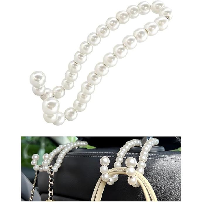 2 PCS Elegant Pearl Car Seat Headrest Hook, Cute Car Seat Hook Hanger Storage Organizer For Handbag Purse, Interior Decoration Headrest Hanger For
