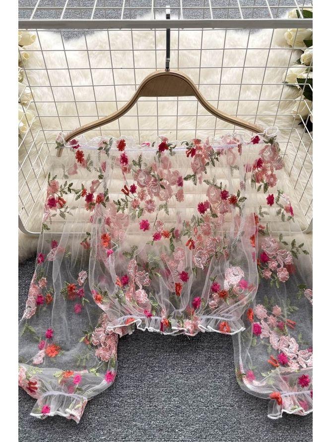 Chemisier à épaules dénudées pour femme, haut à manches longues lanterne, pull en dentelle transparente, chemisier à fleurs, chemisiers