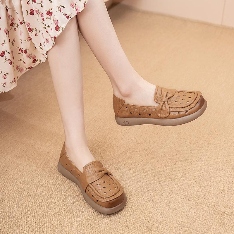 Fashion Genuine Leather Soft Sole Shallow Mouth Women's Shoes Hollow Out Breathable Casual Sneakers Comfort Women Flat Single Shoes