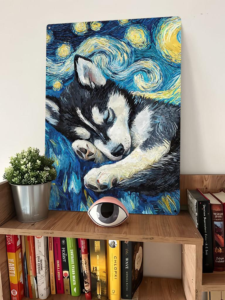 Husky Puppy Starry Night Cute Sign Printing Metal Poster Decoration Bedroom Customized Metal Tin Signs for Wall Decor Retro Art
