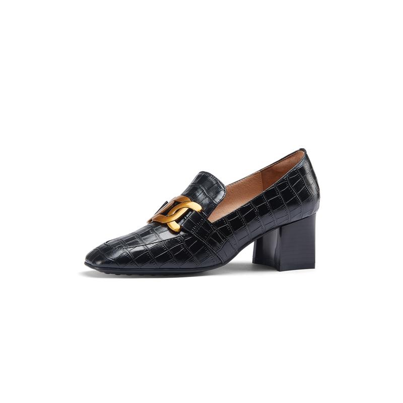 Fashion Women's New Spring and Autumn Metal Fasteners Square Head Genuine Leather Cowhide High Heel Large Size Single Shoes