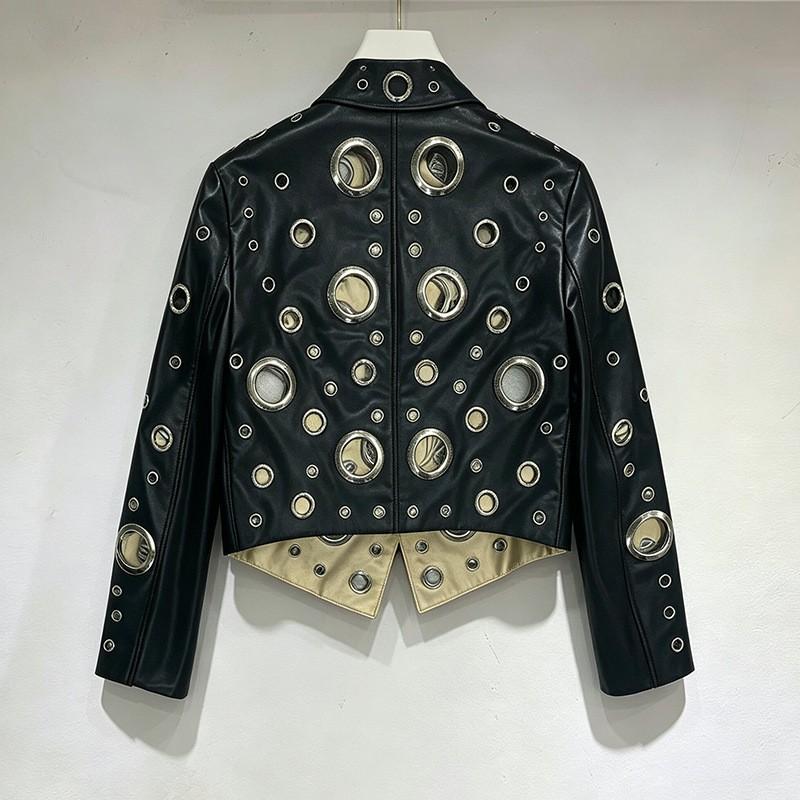Womens 2026 Patchwork Faux Leather Biker Jacket Stand Collar Cropped Streetwear
